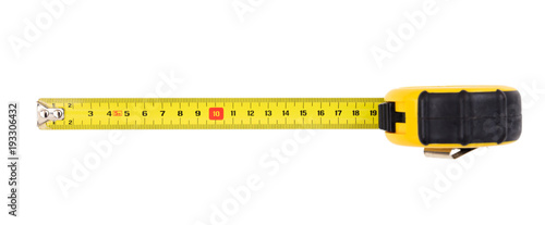 Measuring tape isolated on white background, top view