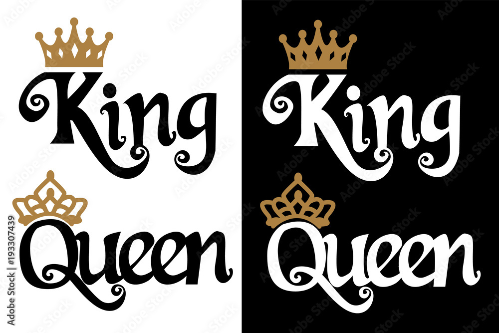 King and queen - couple design. Black text and gold crown isolated on white  background. Can be