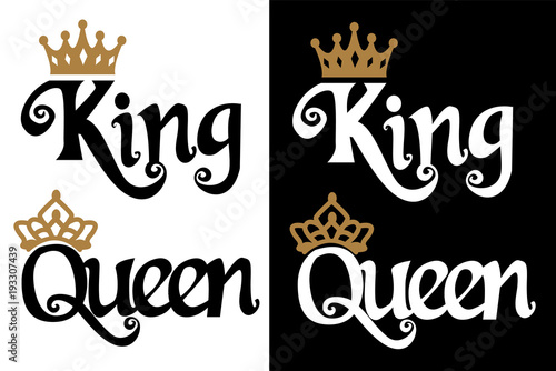 King and queen - couple design. Black text and gold crown isolated on white background. Can be used for printable souvenirs ( t-shirt, pillow, magnet, mug, cup). Icon of wedding invitation.Royal love photo