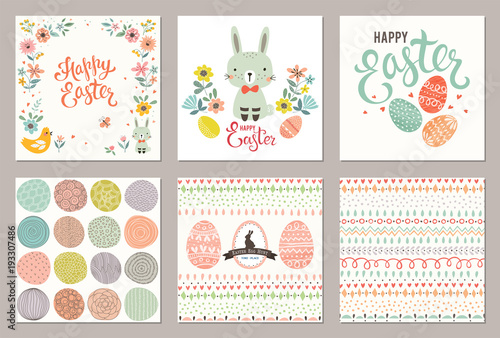 Cute Happy Easter templates with eggs, flowers, rabbit, seamless pattern and typographic design. Vector illustration.