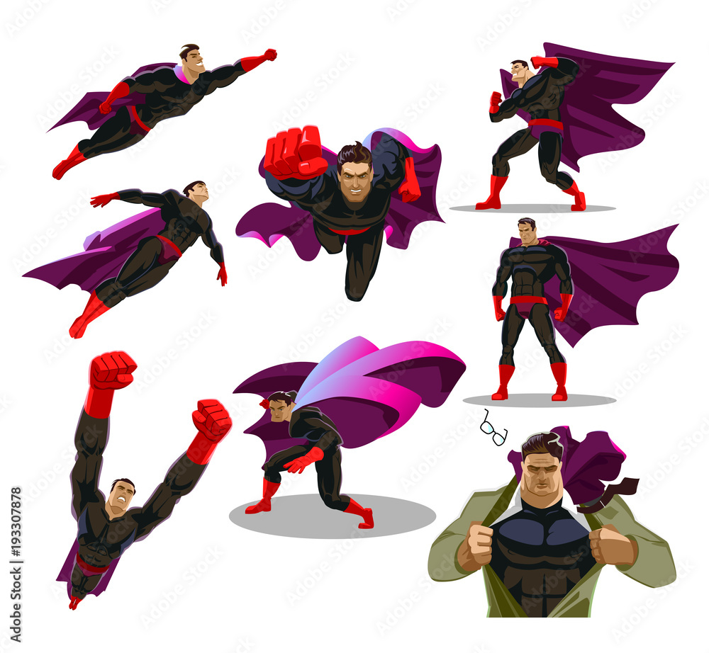 Comic superhero actions in different poses. Male super hero vector cartoon  characters. Set or collection of heroic cartoon character. Stock Vector |  Adobe Stock