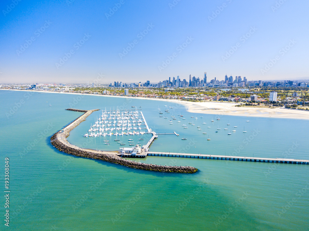 St Kilda beach aerial with Melbourne City Skyline in the background