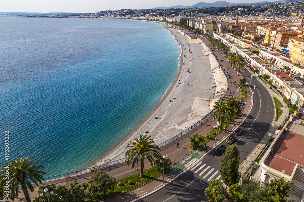 France. Provence. Cote of Azur. Promenade des Anglais in Nice. Aerial view from Shatto's hill