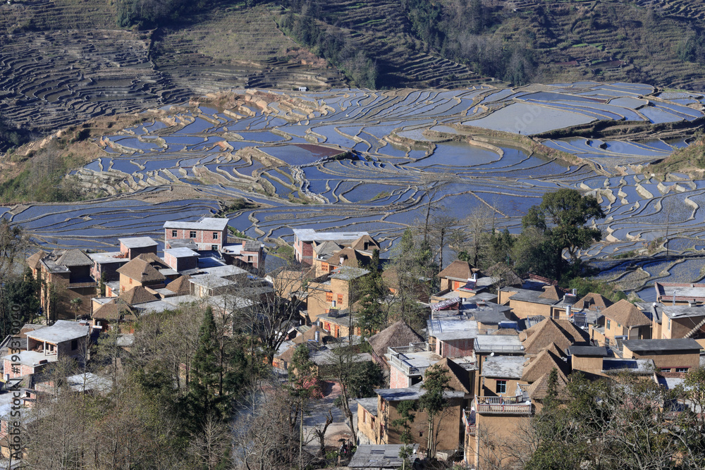 Village, rice fields, paddy terraces in Yunnan province China Village, rice fields, paddy terraces in Yunnan province China