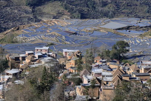 Village, rice fields, paddy terraces in Yunnan province China