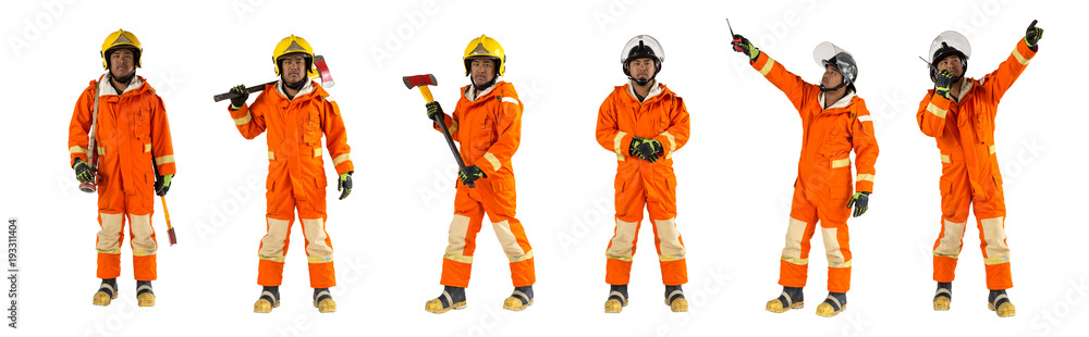 Fototapeta premium Firefighters portrait multi action on white background, with axe, pipe and walkie-talkie