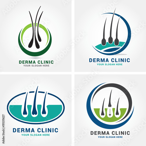 Hair care dermatology logo icon set with follicle medical diagnostics symbols. Alopecia treatment and transplantation concept. Vector illustration.