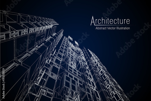 Modern architecture wireframe. Concept of urban wireframe. Wireframe building illustration of architecture CAD drawing. photo
