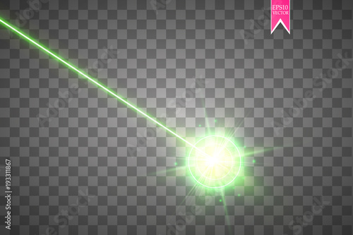Abstract green laser beam. Laser security beam isolated on transparent background. Light ray with glow target flash. Vector illustration.