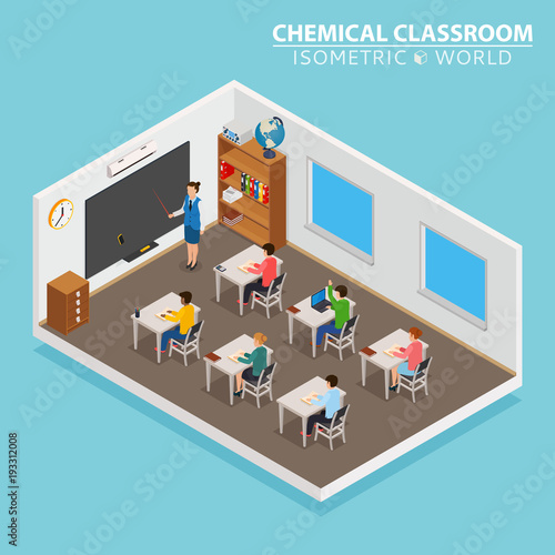 School and learning isometric concept with teacher and children on blue background