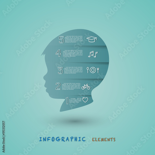 Infographic elements with child head improvement and development skill concept. Include eating, bicycle, heart, song and success icon.