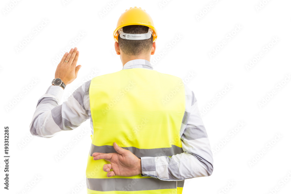 Cunning builder making fake oath or vow hesture. Cunning builder making fake oath or vow hesture.