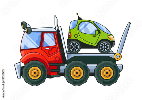Towing Truck with a Tiny Car Side View. Colored Illustration.