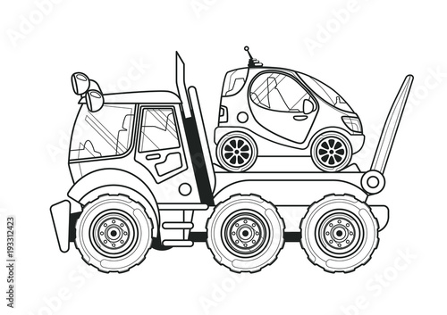Towing Truck with a Tiny Car Side View Coloring Book. Line Art.