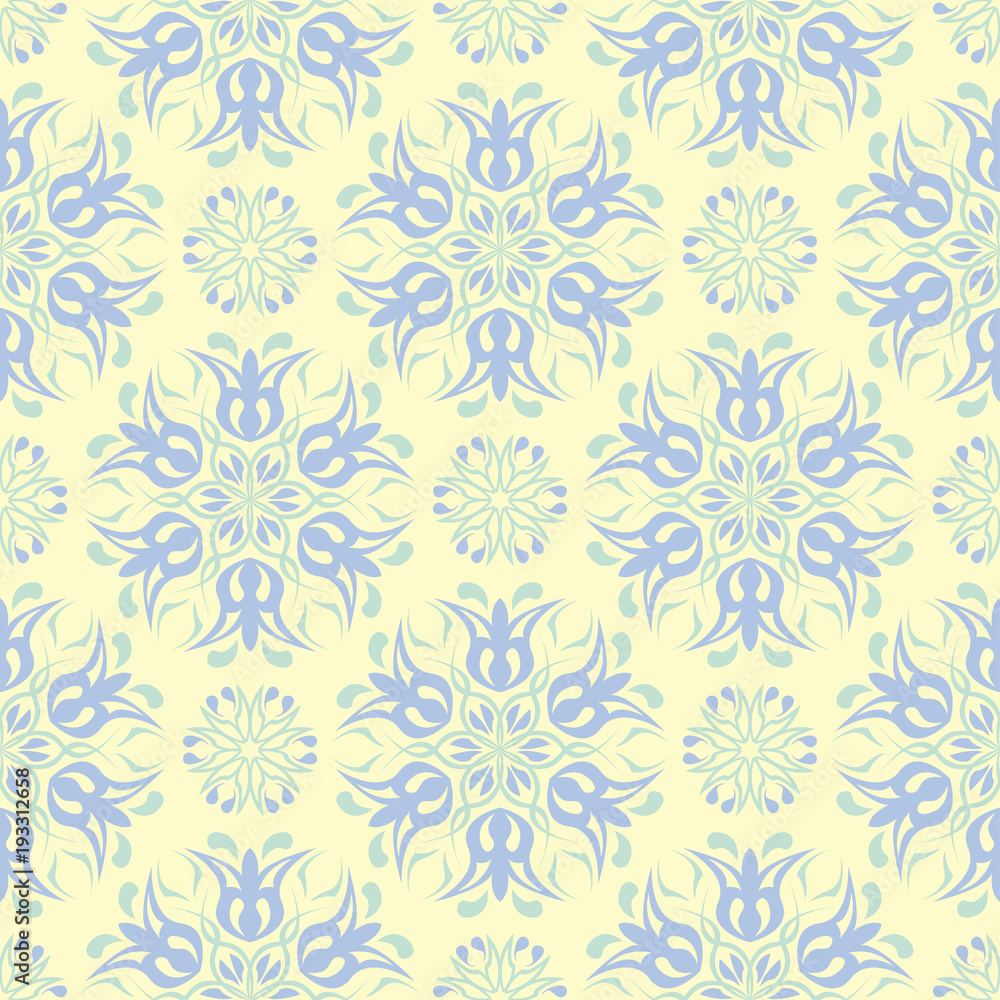 Floral seamless pattern. Beige background with light blue and green flower elements Floral seamless pattern. Beige background with light blue and green flower elements