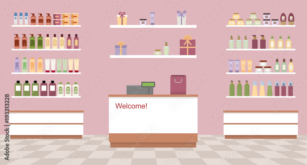 Health and beauty store with colorful cosmetic products in plastic bottles in shelves. Flat style vector illustration.