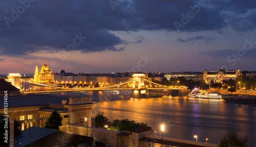 Budapest night panorama with Chain bridge and Parliament across Danube