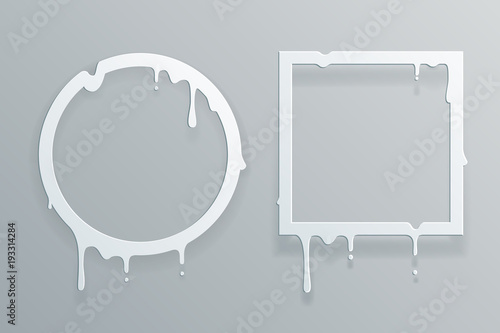 Melting cut paper frame 3d flowing art flux circle drop leak abstract design template vector illustration