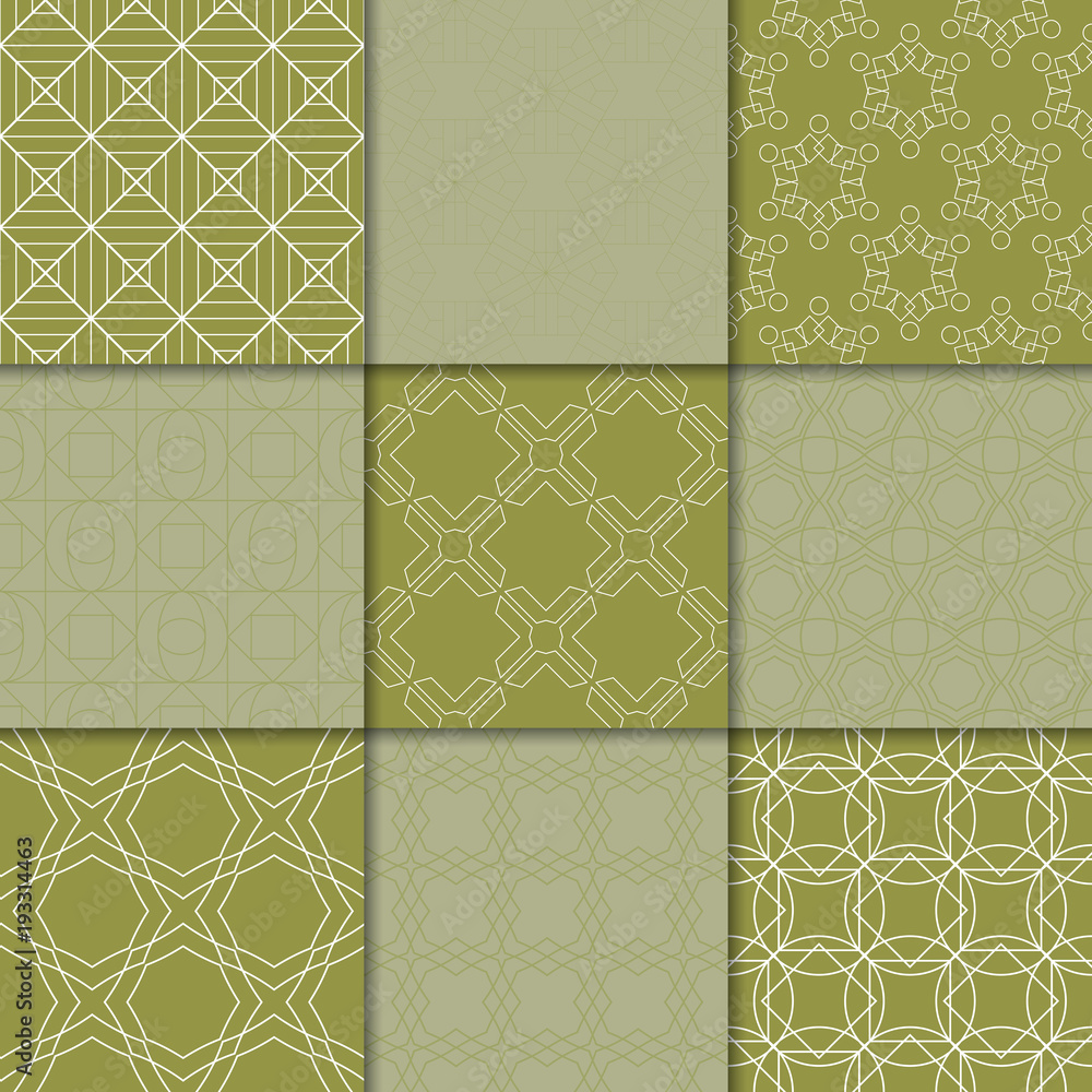 Fototapeta premium Olive green geometric ornaments. Collection of seamless patterns