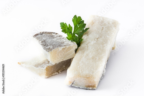 Salted dried cod isolated on white background. Typical Easter food