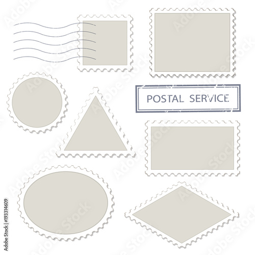 Blank postage stamps different shapes set - triangle, square, round, oval, rhombus. Isolated on white.