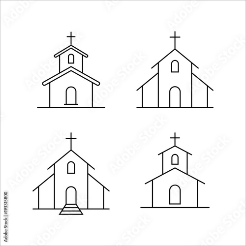church building line black icons set on white background