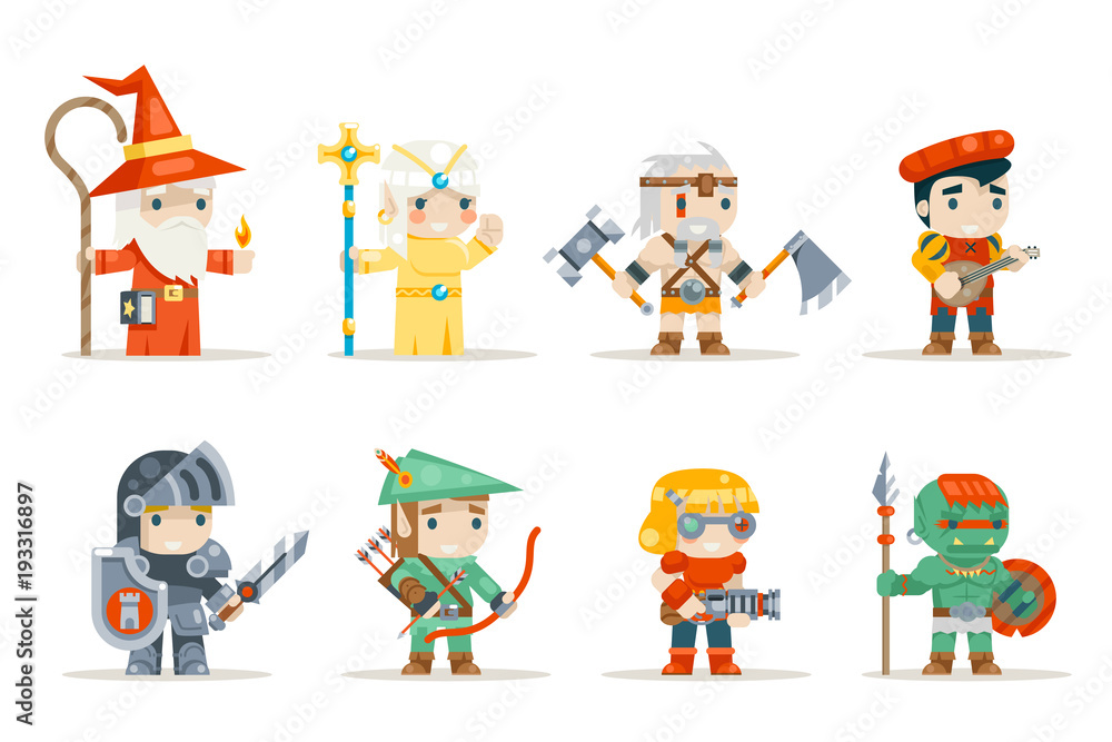 Warrior mage elf priest archer barbarian berseker bard tribal orc engeneer inventor rifleman fantasy RPG game characters isolated icons set vector illustration