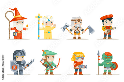 Warrior mage elf priest archer barbarian berseker bard tribal orc engeneer inventor rifleman fantasy RPG game characters isolated icons set vector illustration photo