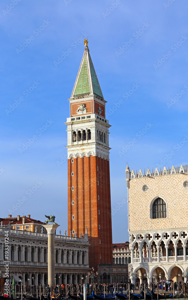 Venice in Northen Italy Bell Tower of Saint Mark and Ducal Palace called Palazzo Ducale in Italian Language