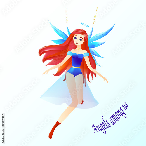 an angel, a girl with red hair, a halo and a blue wings, angels among us
