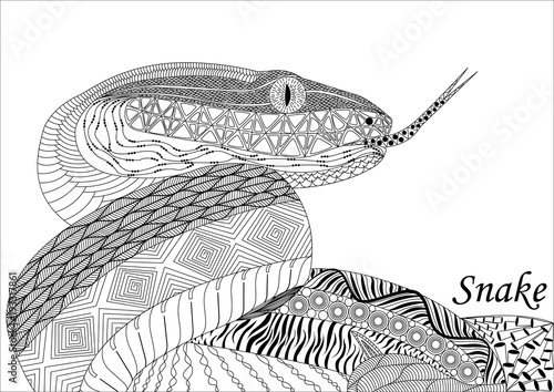 snake in zenart style, black-and-white drawing, doodle, different patterns