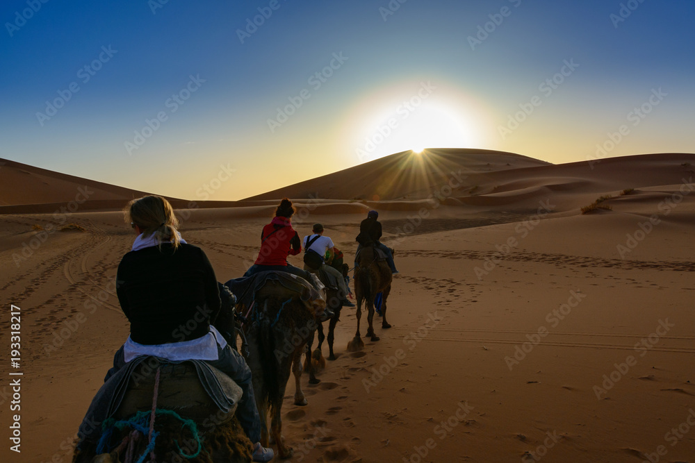 Sunrise on the Sahara Desert, Erg Chebi dunes. Merzouga, Morocco