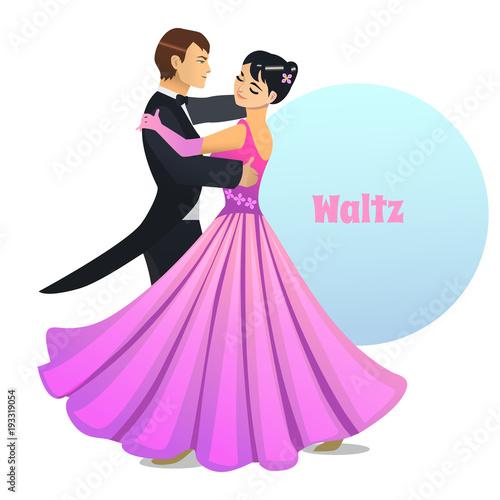 Waltz Dancers. Dancing Couple in Cartoon Style for Fliers Posters Banners Prints of Dance School and Studio. Vector Illustration