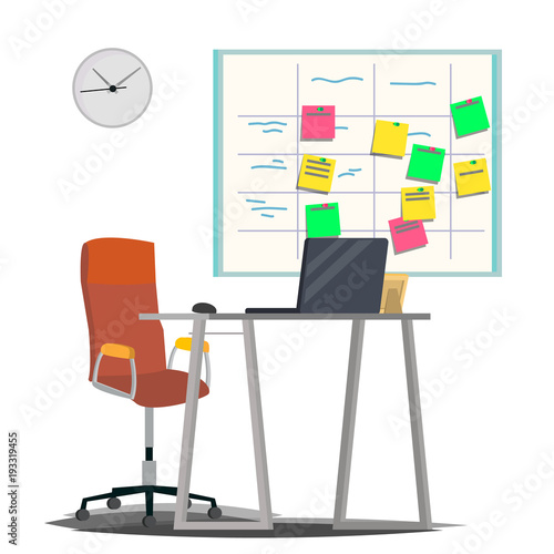 Scrum Board Vector. Board With Post It Notes. For Software Development. Hanging On Office Wall. Modern Task Methodology. Flat Illustration