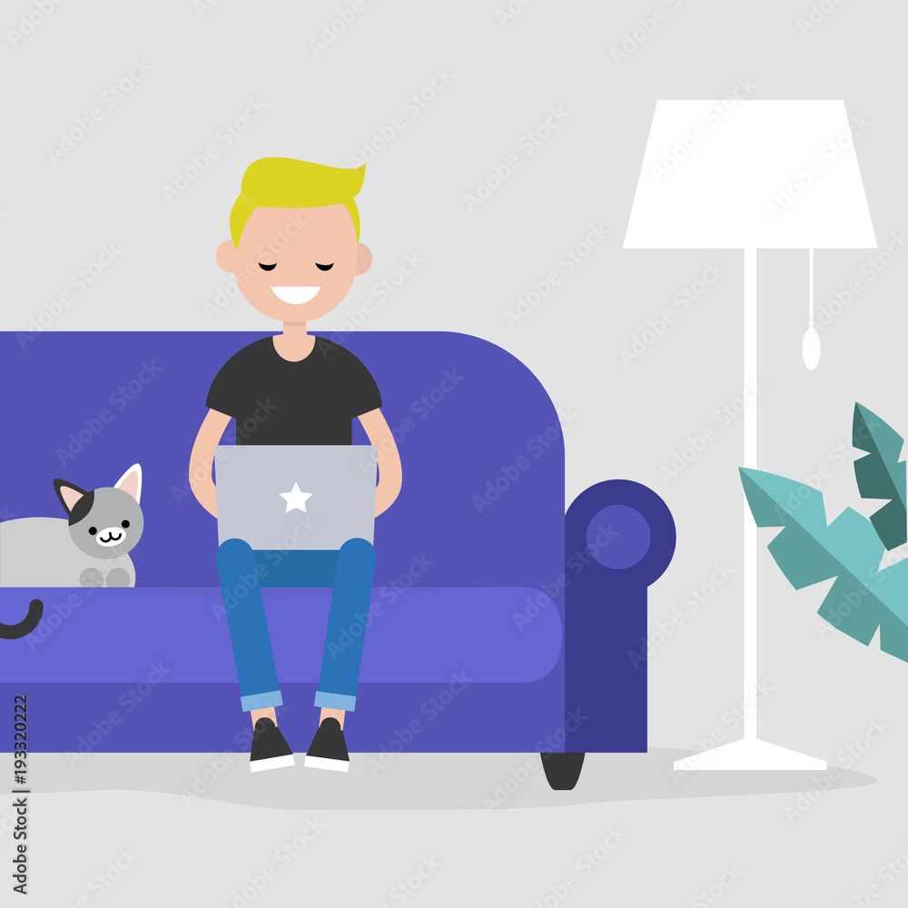 Remote office. Young millennial freelancer working at home. Modern lifestyle / flat editable vector illustration, clip art