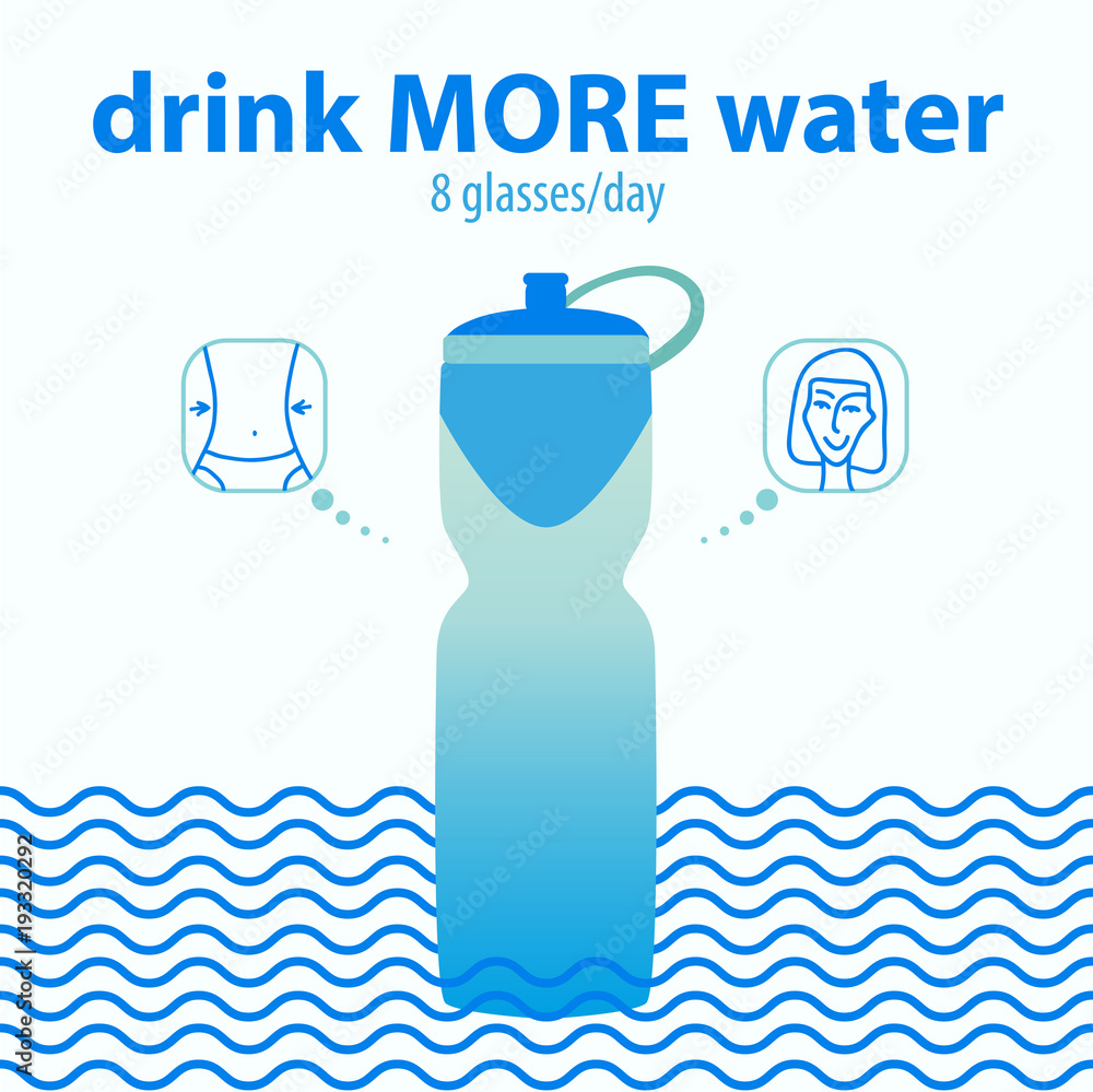 Water for harmony and health. Drink more water. Illustration in blue color