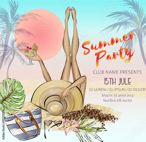Beautiful girl with with ice cream relax on the beach, hello summer beach party banner with woman, sea background with palm and sunset, invitation to nightclub, hand drawn vector illustration