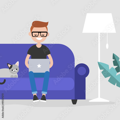 Remote office. Young millennial freelancer working at home. Modern lifestyle / flat editable vector illustration, clip art