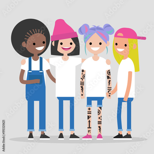Female friendship. Girl power. Four cute girls of different nationalities hugging and smiling. Having fun together. Flat editable vector illustration, clip art