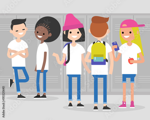 Break at school. Conversation. Front, side and rear views of teenagers at the corridor. Multiracial millennial friends. Generation z / flat editable vector illustration, clip art