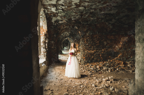 Just married poses and kissing with an old fortress on the background