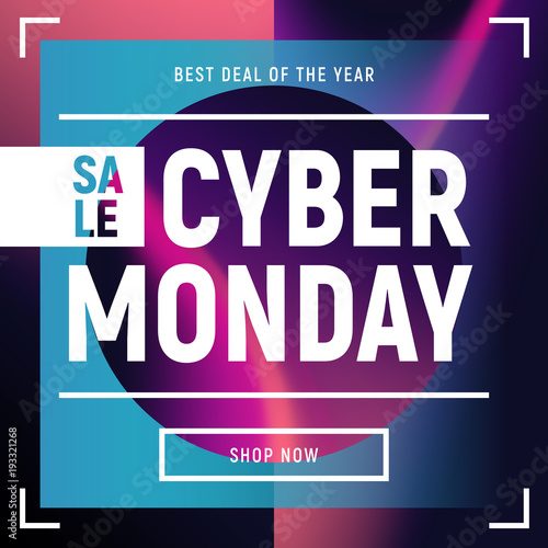 Vector social media banner, flyer, poster template in fluid holography style. Abstract liquid shapes card for web, e-mail promotion. Business offer cyber monday with button in dark minimal design.
