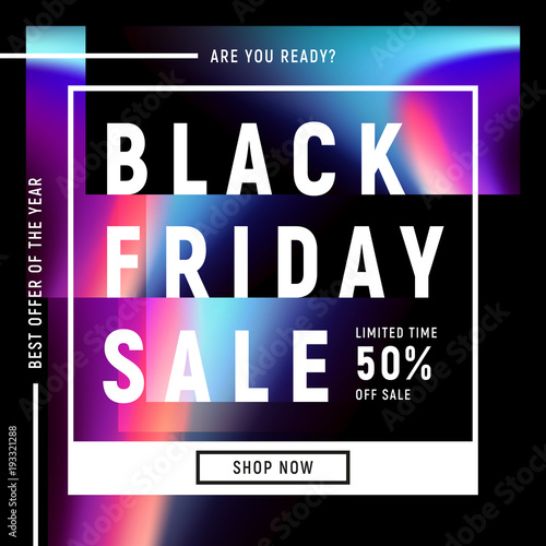 Black friday sale template in the trendy holographic fluid style. Blue, pink gradients in minimal design. Square banner for social media, newsletter, web, e-mail promotion. EPS 10 vector illustration.