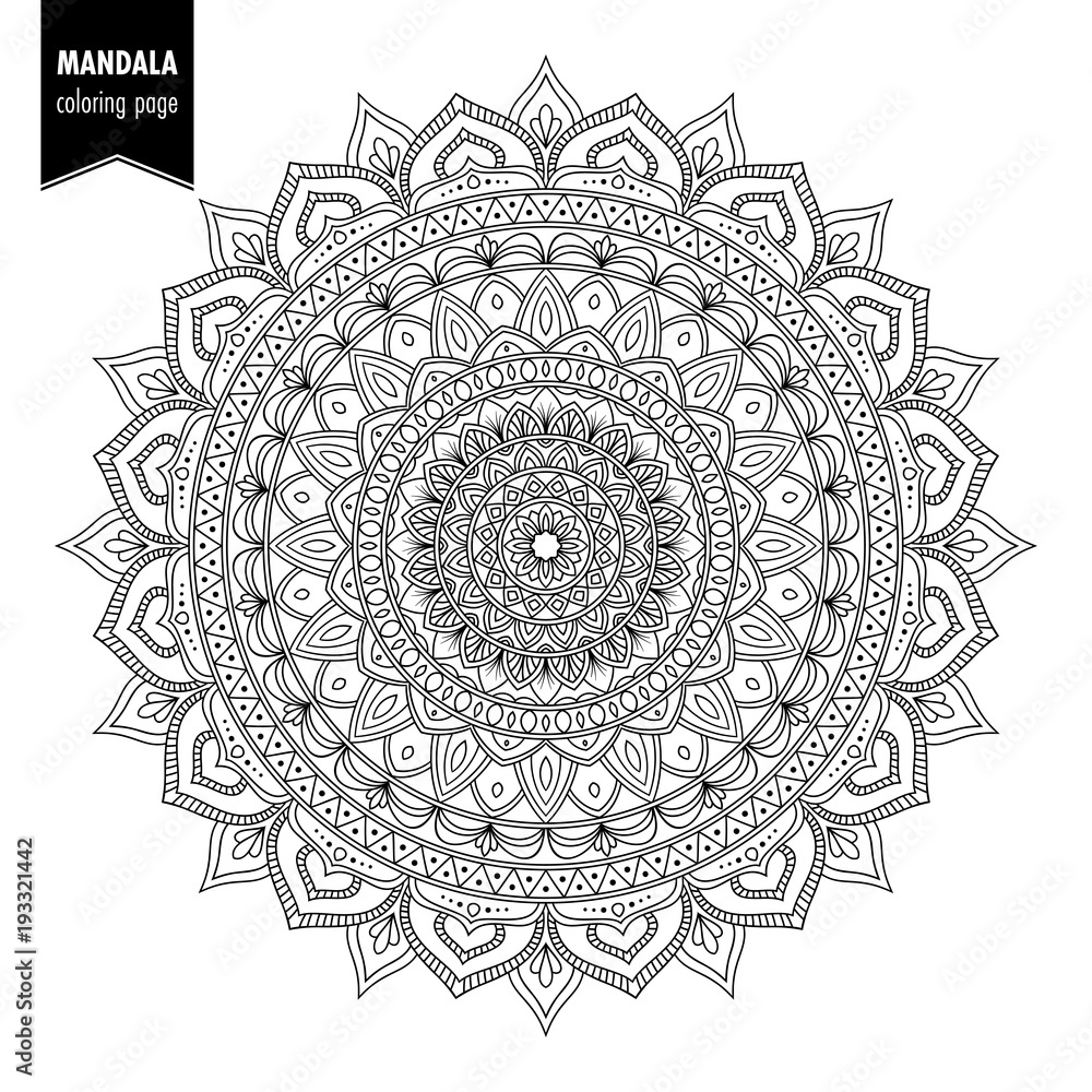 Fototapeta premium Monochrome ethnic mandala design. Anti-stress coloring page for adults. Hand drawn vector illustration