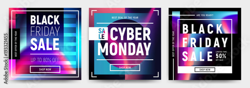Vector set of 3 social media banners, flyers, poster templates in fluid holography style. Abstract liquid shapes cards for web, e-mail promotion. Business offer black friday and cyber monday sale.