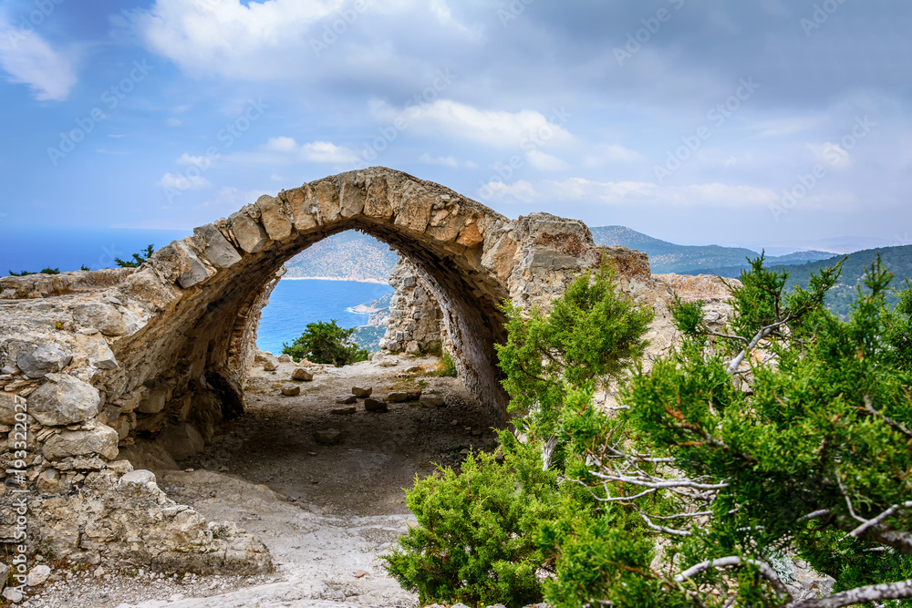 Ruins of a church in Monolithos castle and beautiful landscape view, Rhodes island, Greece