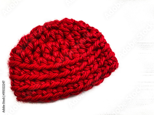 Red Baby Hat, Crocheted with Bulky Yarn, on White Background