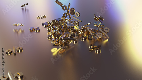 3D rendering of signs percent, falling into a heap. Volumetric signs with a reflective surface