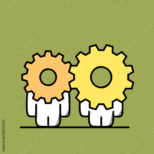 Funny cute men with different gear wheels or pinions instead of the heads. Cooperation and collaboration, partnership and teamwork cartoon vector illustration.