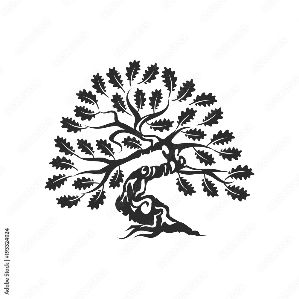 Huge and sacred oak tree silhouette logo badge isolated on white background. Huge and sacred oak tree silhouette logo badge isolated on white background.